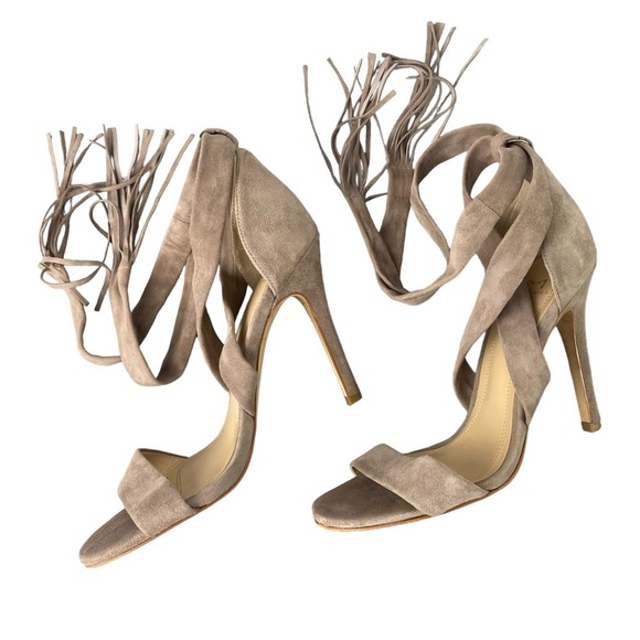 Marc Fisher lace up fringe taupe brown suede leather stiletto heels women's 6M - Picture 1 of 8